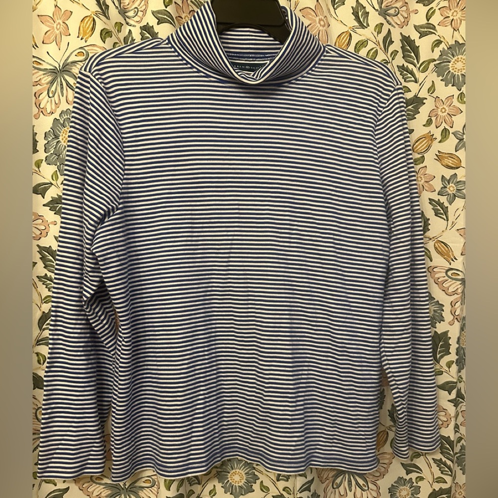 Karen Scott Navy and White Striped Turtleneck Sweater